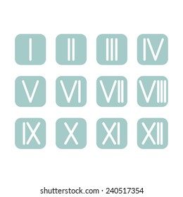 Set Roman numerals 1-12 icon. 12 square colored buttons. vector