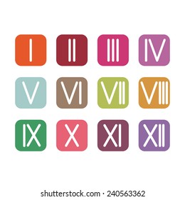 Set Roman numerals 1-12 icon. 12 square colored buttons. vector