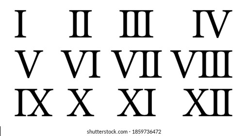 Set of roman numerals isolated on white background. Numbers from one to twelve. Vector illustration.