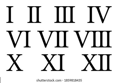 Set of roman numerals isolated on white background. Numbers from one to twelve. Vector illustration.