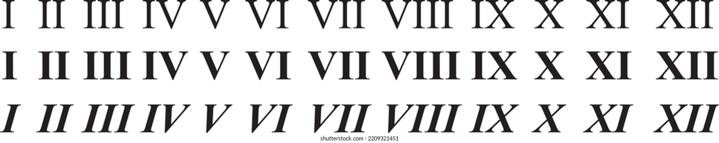 Set of roman numerals isolated on white background. Numbers from one to twelve. Vector 