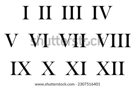 Set of roman numerals isolated on white background. Numbers from one to twelve. Imagine de stoc © 