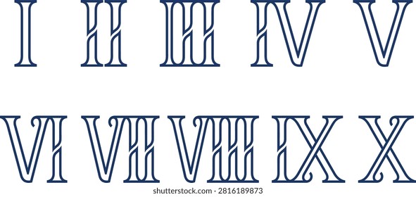 A set of Roman numerals from one to ten displayed in a decorative, outlined serif font style against a plain white background.
