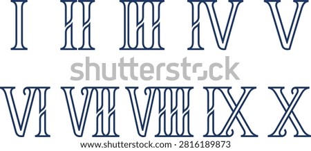 A set of Roman numerals from one to ten displayed in a decorative, outlined serif font style against a plain white background.