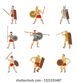 Set of roman warriors fighting with different weapons isolated on white background.