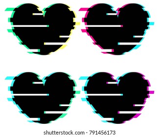 Set of romance black hearts in glitch style for Valentine's Day