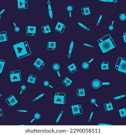 Set Romance book, Book about physics, Fountain pen nib and Magnifying glass on seamless pattern. Vector
