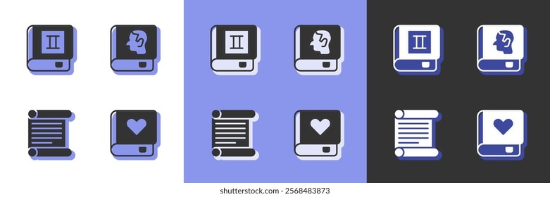 Set Romance book, Book, Decree, parchment, scroll and Law icon. Vector