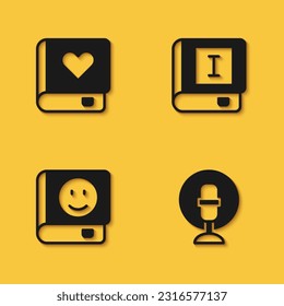 Set Romance book, Microphone, Book and  icon with long shadow. Vector