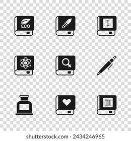 Set Romance libro, pluma, libro, sobre las mujeres, ecología, arma e icono de la física. Vector