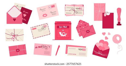 Set of romance envelope with postage stamps, letters. Love valentine day mail stationery made of craft paper with wax seal, handwritten postcard, mailbox. Vector illustration