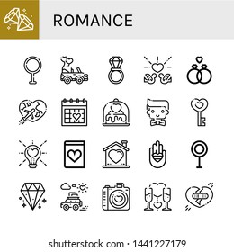 Set of romance icons such as Diamond, Wedding car, Wedding ring, Love, Honeymoon, Wedding day, Groom, Romantic novel, Heart, Romantic, Broken heart , romance