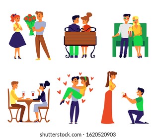 Set of romance loving couple dating and resting together, flat vector illustration isolated on white background. Man and woman cartoon characters in love relationships.