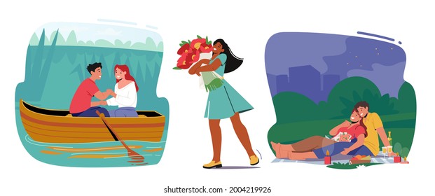 Set of Romance Relations. Happy Girl and Boy Dating. Man and Woman Floating Boat. Young Female Character Holding Flower Bouquet, Couple at Summertime Picnic. Cartoon People Vector Illustration