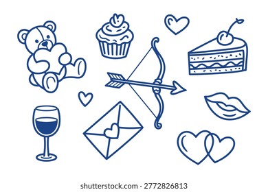 Set of romance themed illustrations including cute bear with heart wine glass love letter cupcake cake and cupid arrow graphics.