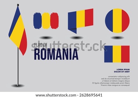 Set of Romania flag in 5 designs: flag on pole, brush stroke, skew, round and standard. vector, flat, isolated on grey background. Perfect for various design projects