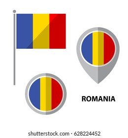 Set of Romania flag and map pointer icon. Design elements for stickers or flyers. Flat design.