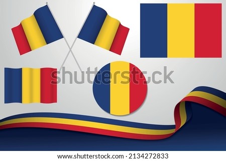 Set Of Romania Flags In Different Designs, Icon, Flaying Flags With ribbon With Background.