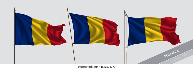 Set of Romania waving flag on isolated background vector illustration. 3 Romanian wavy realistic flag as a symbol of patriotism