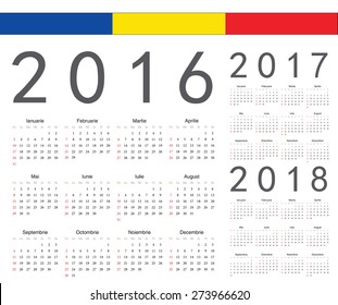 Set of Romanian 2016, 2017, 2018 year vector calendars. Week starts from Sunday.