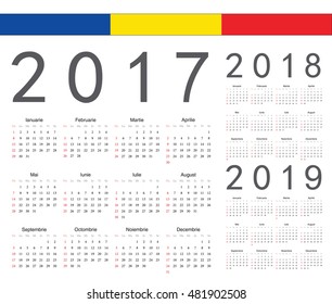 Set of Romanian 2017, 2018, 2019 year vector calendars. Week starts from Sunday.