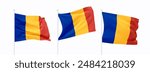 Set of Romanian waving flag on flagpole. Realistic 3d design flag flies on the wind on isolated white background. vector illustration