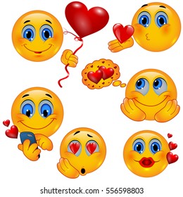Set of Romantic 3D Smiley Faces with Sweet Love Hearts and Kisses. Vector Illustration
