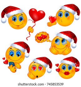Set of Romantic 3D Smiley Faces with Sweet Love Hearts and Kisses and Red Santa Hat on. Vector Illustration