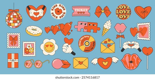 Set of romantic abstract funny comic cool shapes (heart, flowers, record, ice cream, bow) in trendy retro Groovy, Y2K style, Vintage. Valentine's day. Isolated hand-drawn label. Flat Vector EPS10