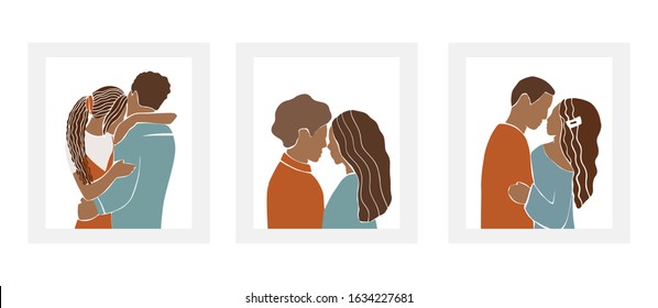 Set Of Romantic African American Couples, Nigerian Pairs Of Men And Women On Date, Hugs And Kisses. Abstract Silhouette Style Characters Isolated On White Background. Minimalist Vector Illustration.
