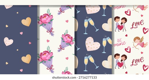 Conjunto de fondos románticos con pareja, ramos, ángel, corazones. Patrones sin costuras de acuarela del día de San Valentín. Adornos de amor