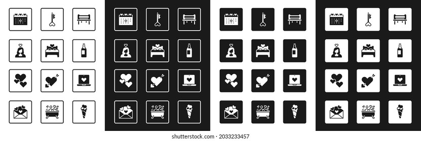 Set Romantic bench, Bedroom, Couple in love, Calendar with heart, Wine bottle, Key shape, Dating app online and Heart icon. Vector