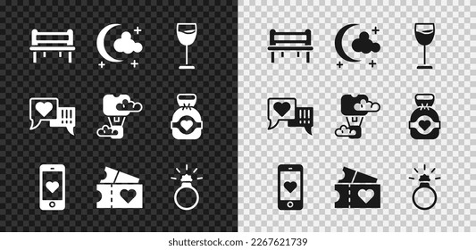 Set Romantic bench, Moon and stars, Wine glass, Mobile with heart, Love ticket, Diamond engagement ring, Heart speech bubble and hot air balloon icon. Vector