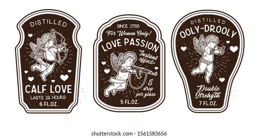 Set of romantic bottle labels for happy valentine's day with cupids. Love potions. Hand Drawn Illustration. Valentine's Day.