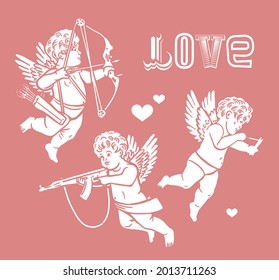 Set of romantic bottle labels for happy valentine's day with cupids. Love potions. Hand Drawn Illustration. Valentine's Day.