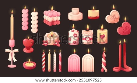 Set of romantic candles. Burning candles for couple, aroma candles. Vector drawing elements for Valentine's Day