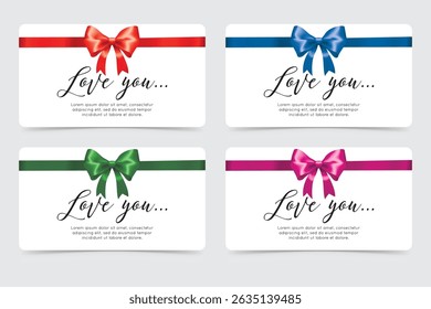 Set of romantic cards with colorful ribbons and love messages, perfect for couples and Valentine’s Day.