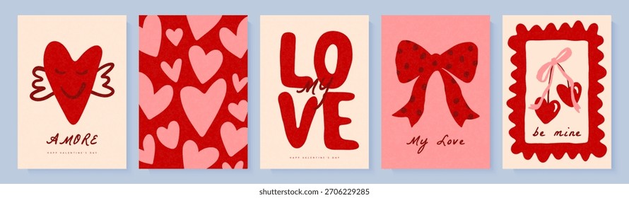 Conjunto de tarjetas románticas con un personaje de corazón con alas, un arco y cerezas en forma de corazón. En un estilo divertido dibujado a mano, para declaraciones de amor de San Valentín. Ilustración vectorial.
