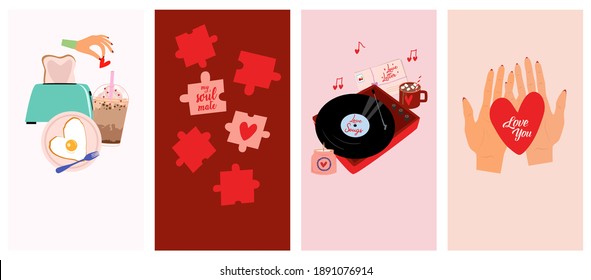 Conjunto de antecedentes románticos de caricatura con elementos de Cute Lovely Valentines Day para medios sociales, aplicación móvil, redes. Te encanta la tarjeta de saludo. Ilustración del vector modificable.