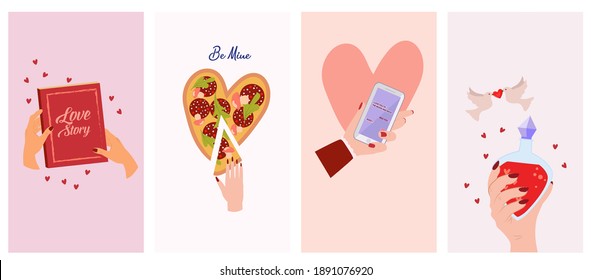 Set of Romantic cartoon background with Cute Lovely Valentines Day elements for social media, mobile app, networking. Love you greeting card. Editable Vector illustration.