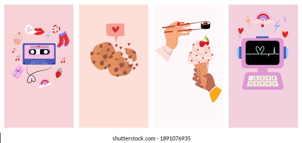 Set of Romantic cartoon background with Cute Lovely Valentines Day elements for social media, mobile app, networking. Love you greeting card. Editable Vector illustration.