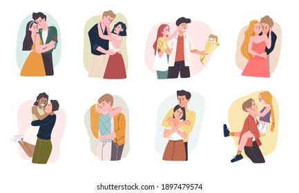 Set of romantic cartoon couple characters  in various gestures isolated on white background. 