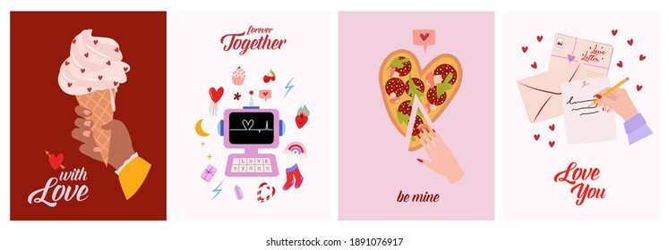 Set of Romantic cartoon illustration with Cute Lovely Scandinavian elements for Valentines Day. Love you greeting card. Editable Vector illustration.