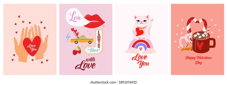 Set of Romantic cartoon illustration with Cute Lovely Scandinavian elements for Valentines Day. Love you greeting card. Editable Vector illustration.