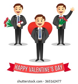 Set of Romantic cartoon men's with flowers and gift for Valentines Day, vector illustration. Concept of Love or romantic relationship