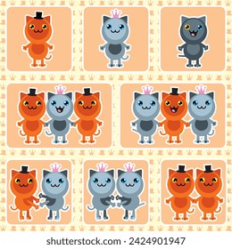 Set romantic cats. Cute couple cats heterosexsual and homosexual. Vector illustration in colored pink style. Set funny cats for design, decor