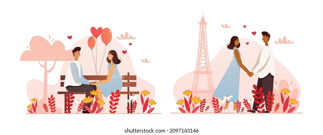 A set of romantic characters in different poses. Couples in love. Vector illustration