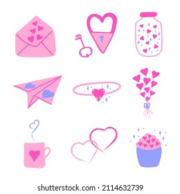 Un conjunto de clipart romántico para diseñar proyectos, postales, crear patrones, banners. Ilustración vectorial plana simple
