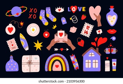 Set von romantischen bunten Elementen für den Valentinstag einzeln auf dunklem Hintergrund. Modernes handgezeichnetes Design für Scrapbooking, Aufkleber, Karte, Geschenkanhänger, Postkarte. Vektorgrafik