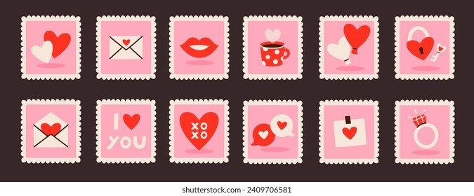 Set of romantic colorful stamps, for valentine's day, vector illustrations isolated on a dark background